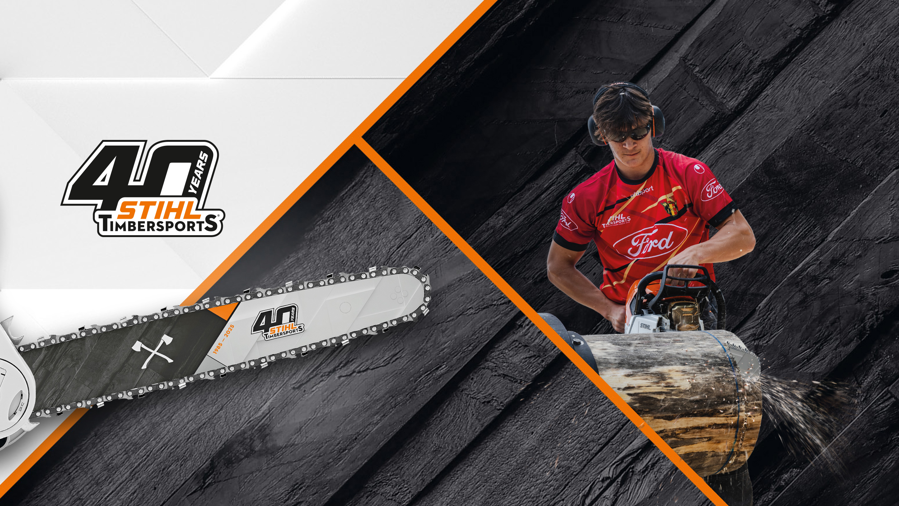STIHL TIMBERSPORTS a 40 ans : Sportif en maillot rouge utilisant une tronçonneuse STIHL, avec logo et guide-chaîne anniversaire au premier plan