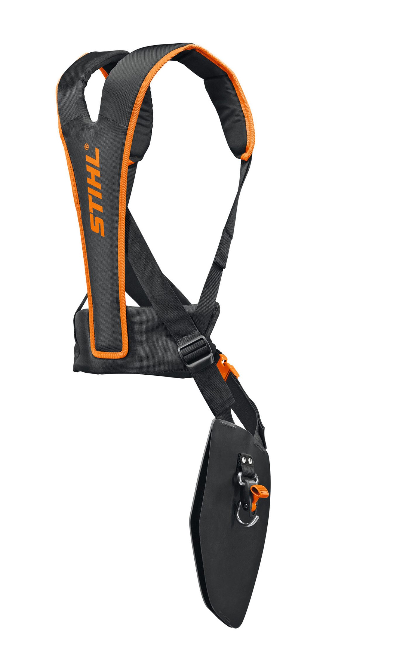 Stihl ADVANCE Plus harnais universel double-épaule pour débroussailleuse couleur orange noir crochet à décrochage rapide bretelles ergonomiques rembourrées bandes réfléchissantes compatible FS 50 FS 561 FSA 90 130 135 RGA 140 référence 4147-710-9014