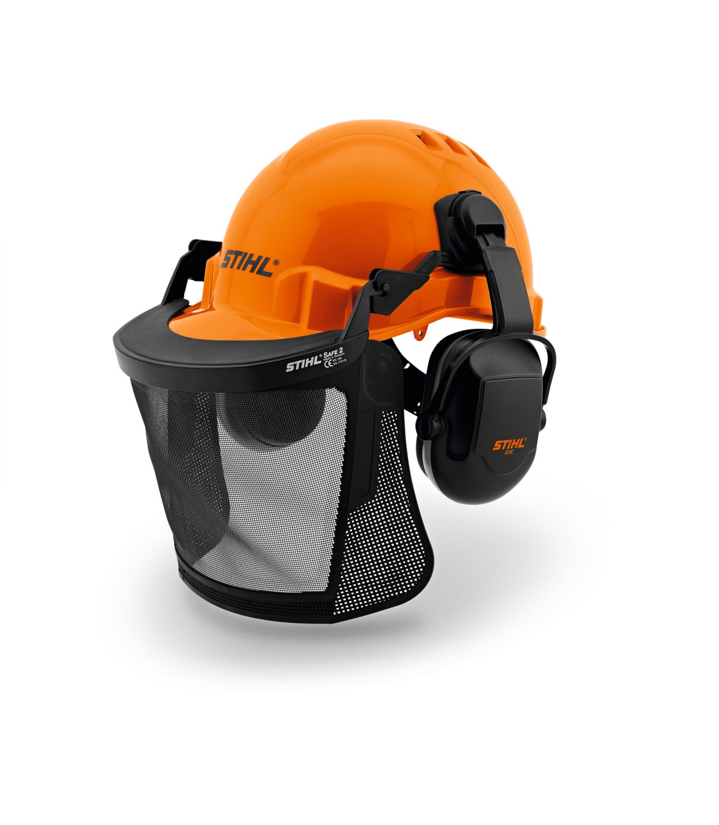 Stihl Function Basic casque forestier complet 3 en 1 EPI coque HDPE résistante visière nylon enveloppante protège-oreilles relevables SNR 24 dB harnais intérieur 6 points réglable 52-66 cm ventilation intégrée normes EN 397 EN 352 EN 1731