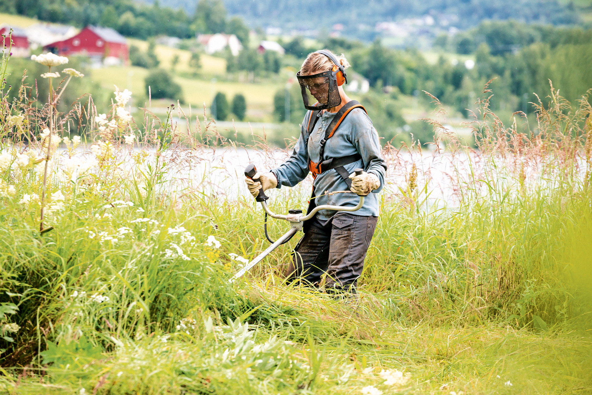 Un femme portant des vêtements de sécurité pour débroussailleuse travaillant dans les herbes hautes avec une débroussailleuse thermique STIHL FS 240
