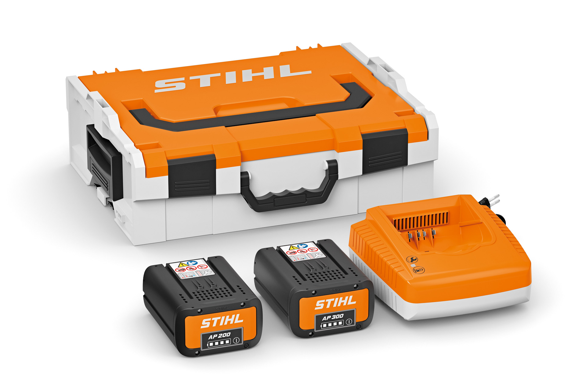 Mallette STIHL orange avec deux batteries et un chargeur