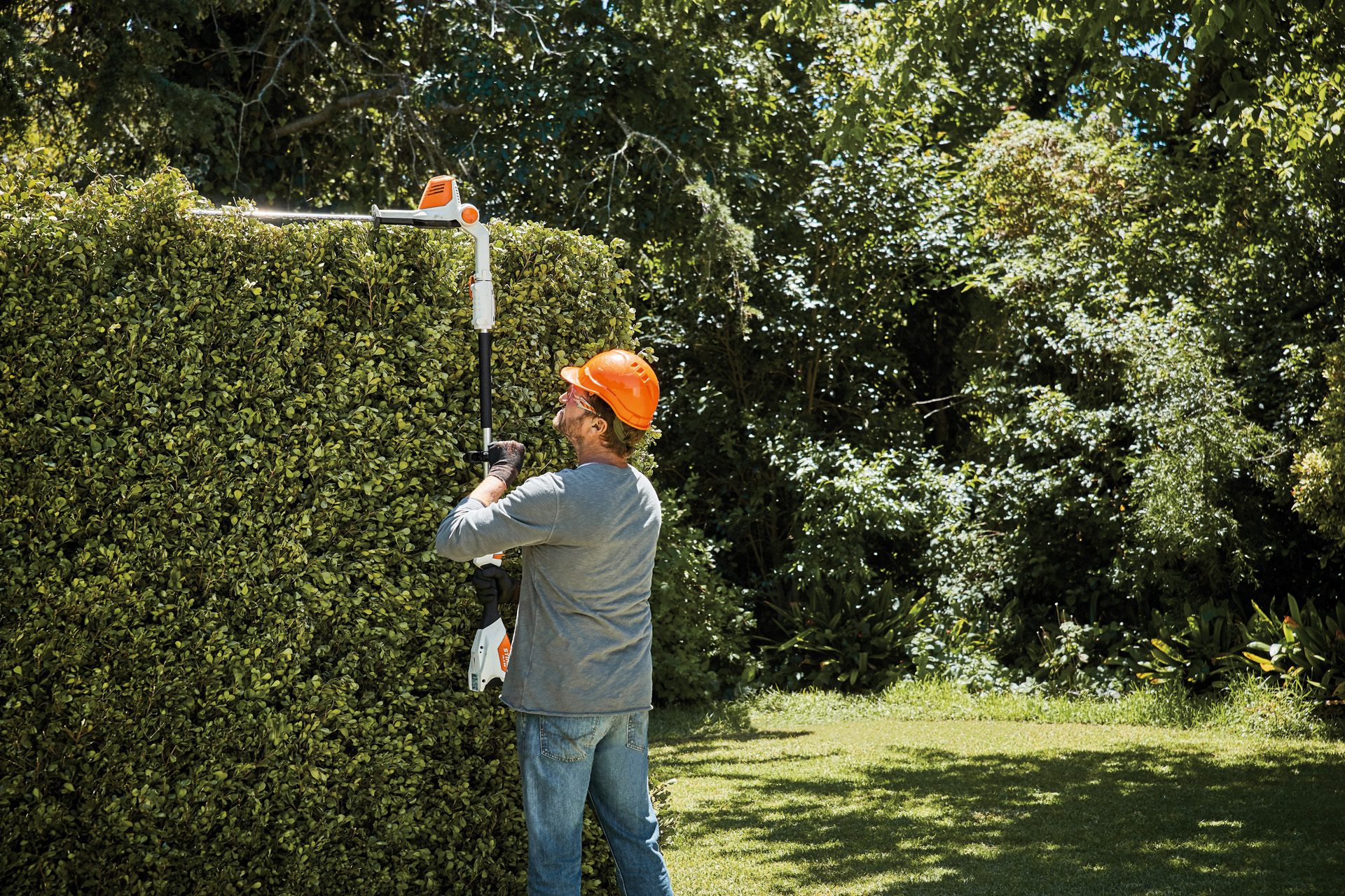 Homme taillant le sommet d’une haie haute à l’aide du taille-haie sur perche STIHL HLA 56