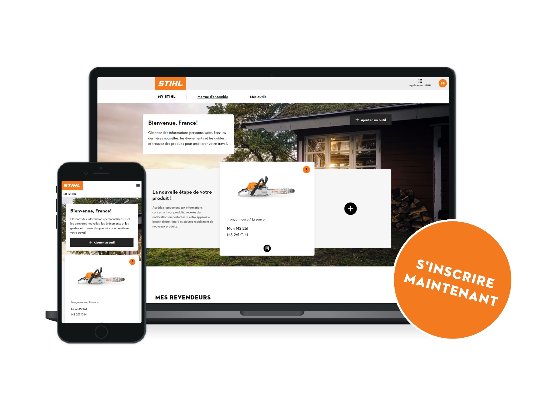 un écran d'ordinateur et de smartphone affichent l'espace My STIHL avec en bas à droite un rond orange et s'inscrire maintenant