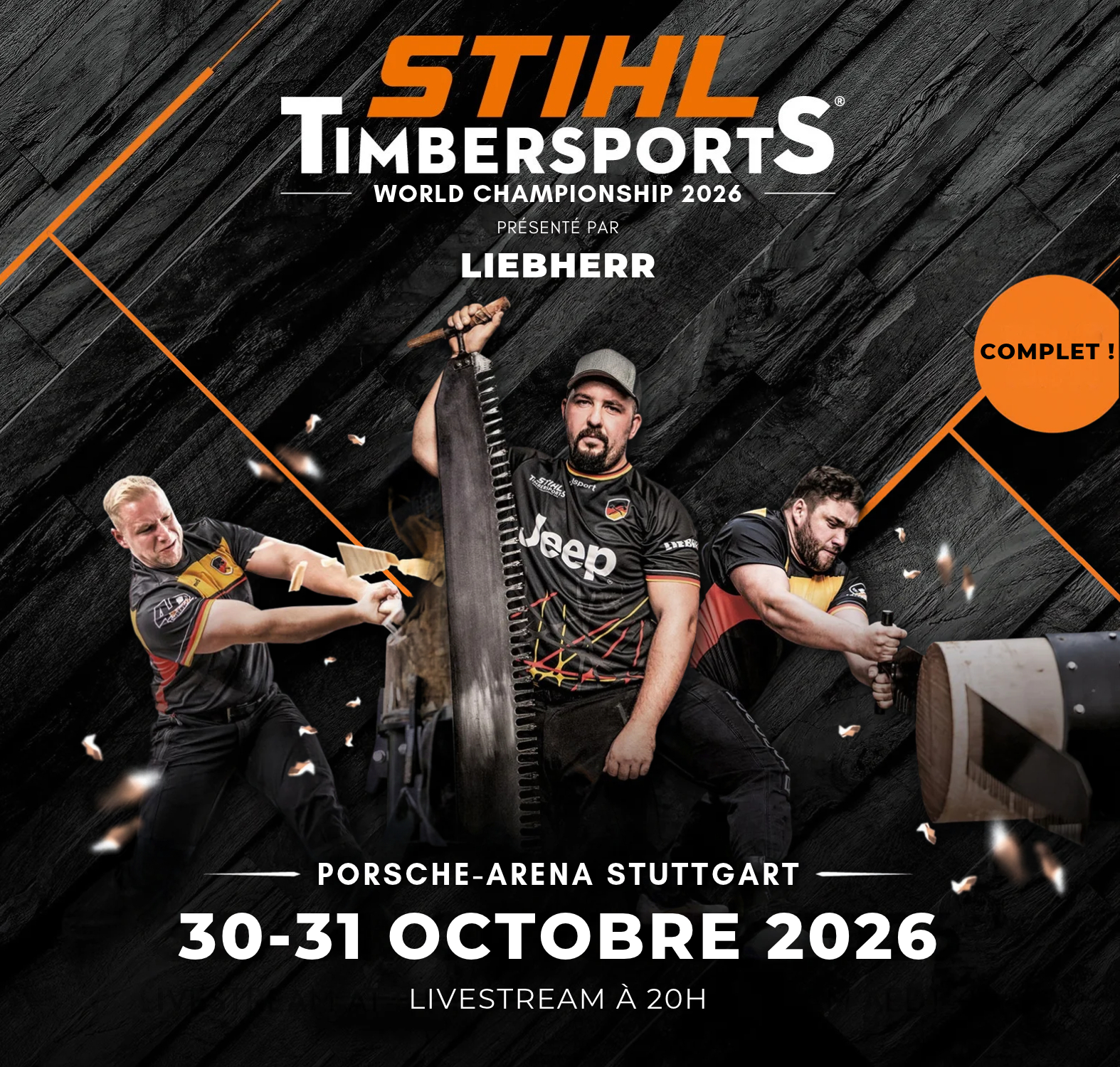 3 sportifs des épreuves de Timbersports sur un fond noir pour les championnats du monde Timbersports 2026