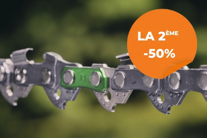 une chaîne de tronçonneuse STIHL avec un rond orange et LA 2ème à -50%