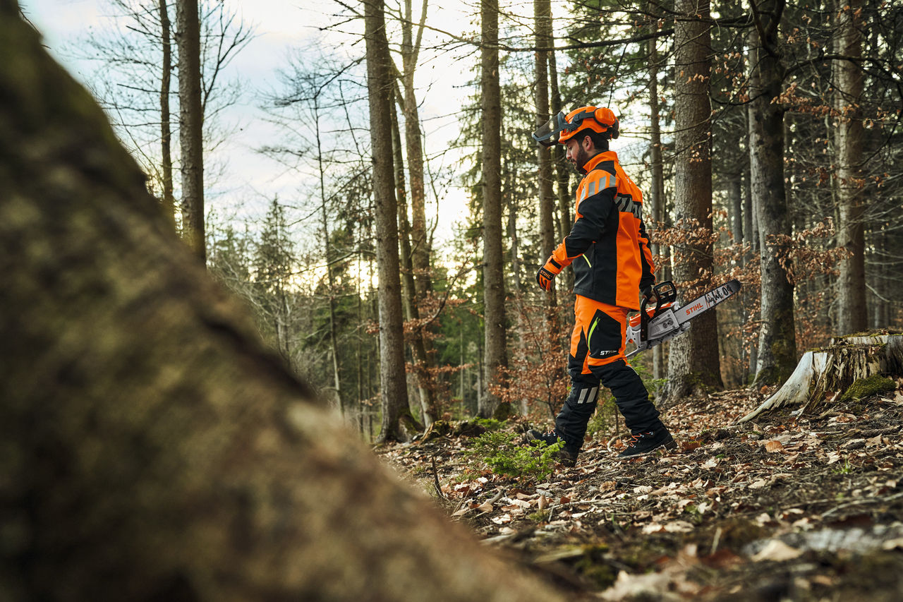Travailleur du bois portant la STIHL ADVANCE-FlexTEC-ShellTEC lors d'un travail en forêt