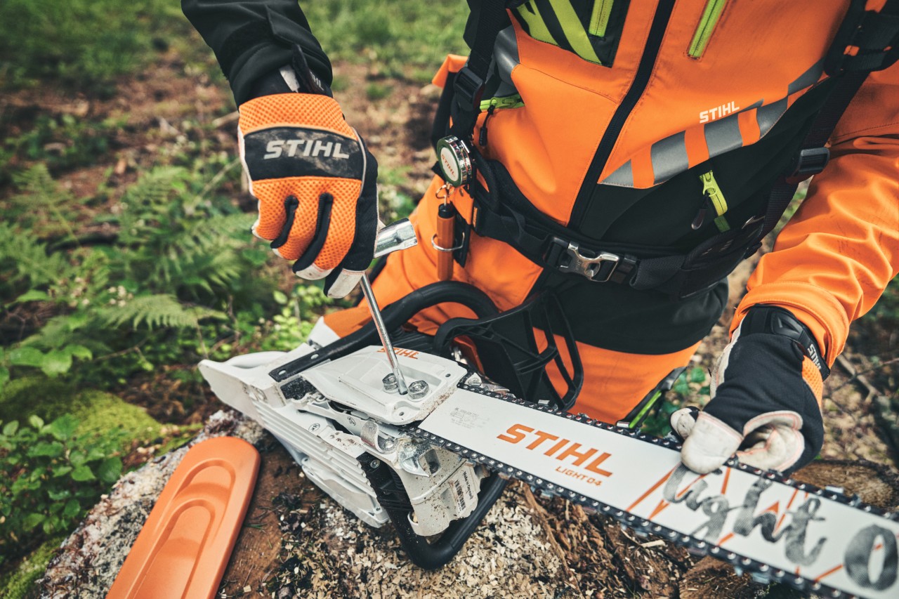 Personne sciant un arbre au moyen d’une tronçonneuse à essence STIHL MS 881 avec guide à nez