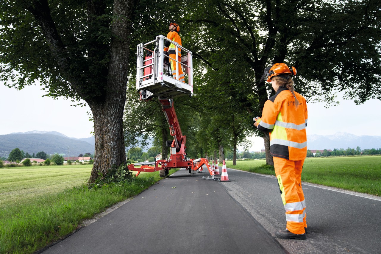Homme dans une nacelle avec son équipement de protection contrôlant un arbre sur une route de campagne, sa collaboratrice étant sur la route 