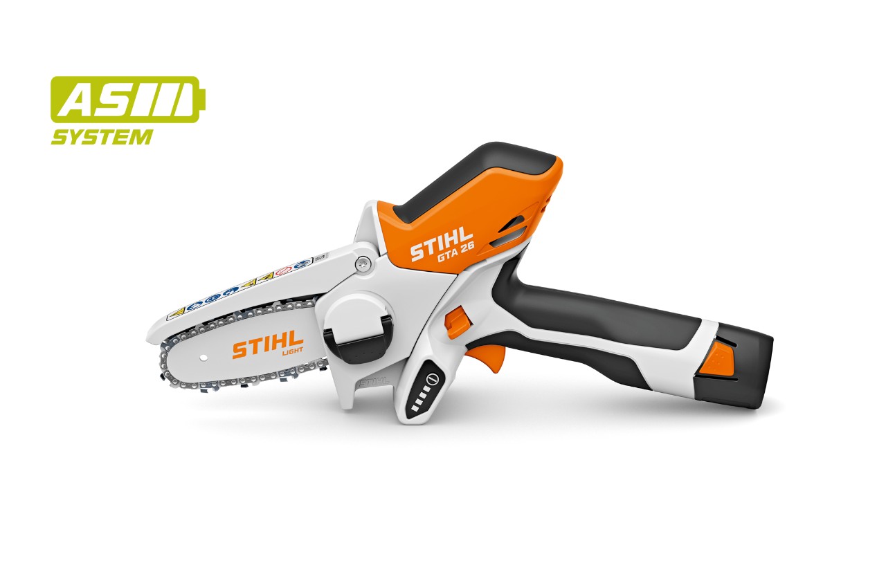 Image produit d’une scie de jardin à batterie STIHL GTA 26, icône de batterie en haut à gauche pour le système AS de STIHL